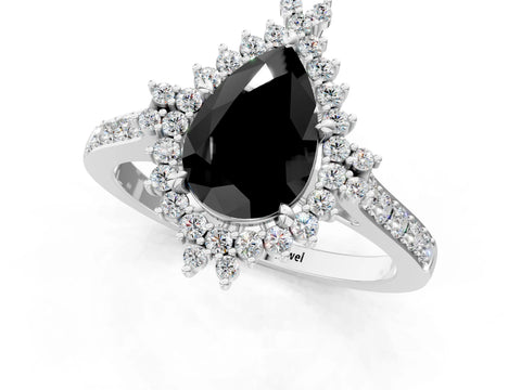 White gold Fancy Black Pear Cut Cut Diamond Sunburst Halo Engagement Ring with Pavé Band_1