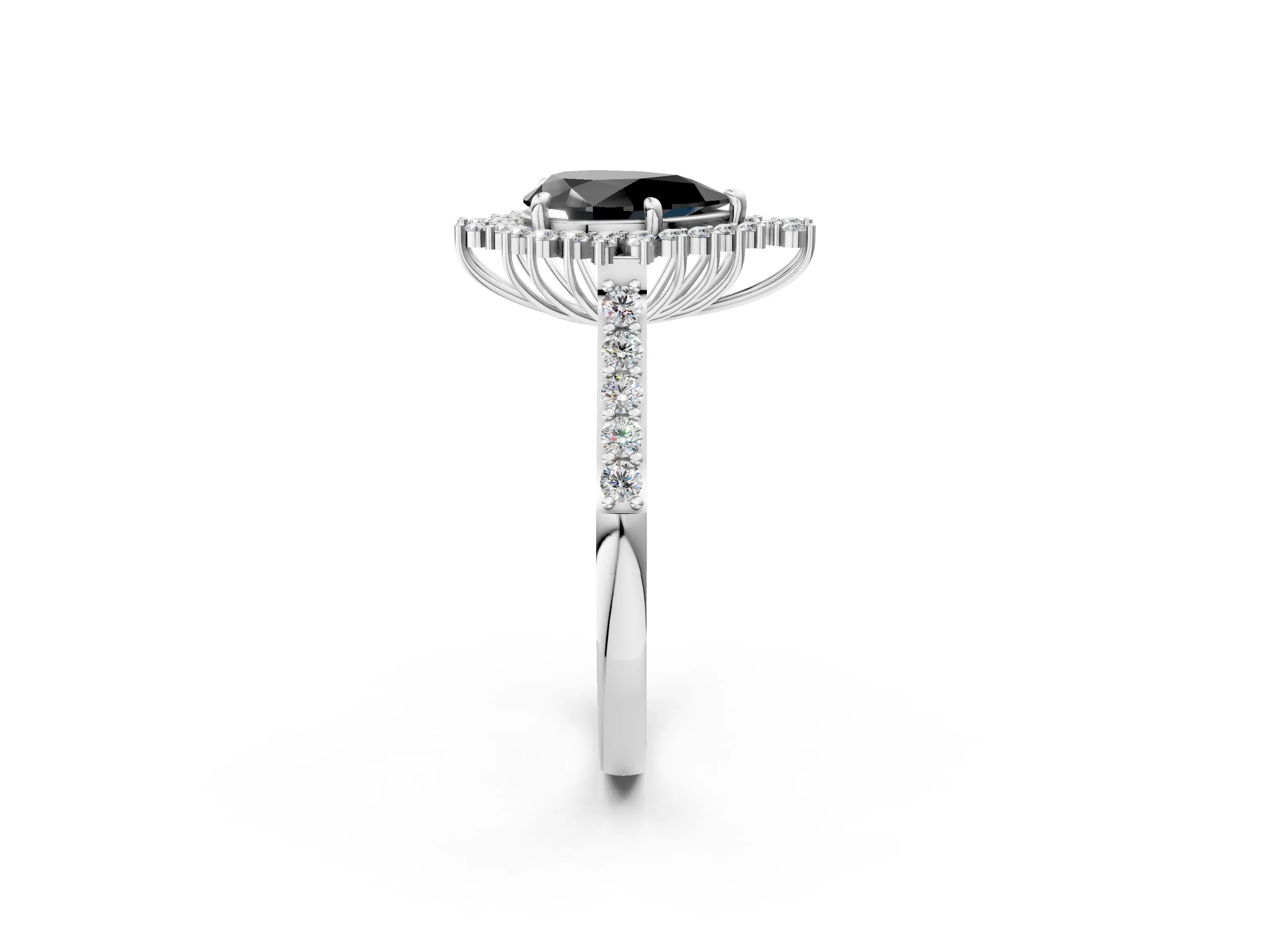 White gold Fancy Black Pear Cut Cut Diamond Sunburst Halo Engagement Ring with Pavé Band_2