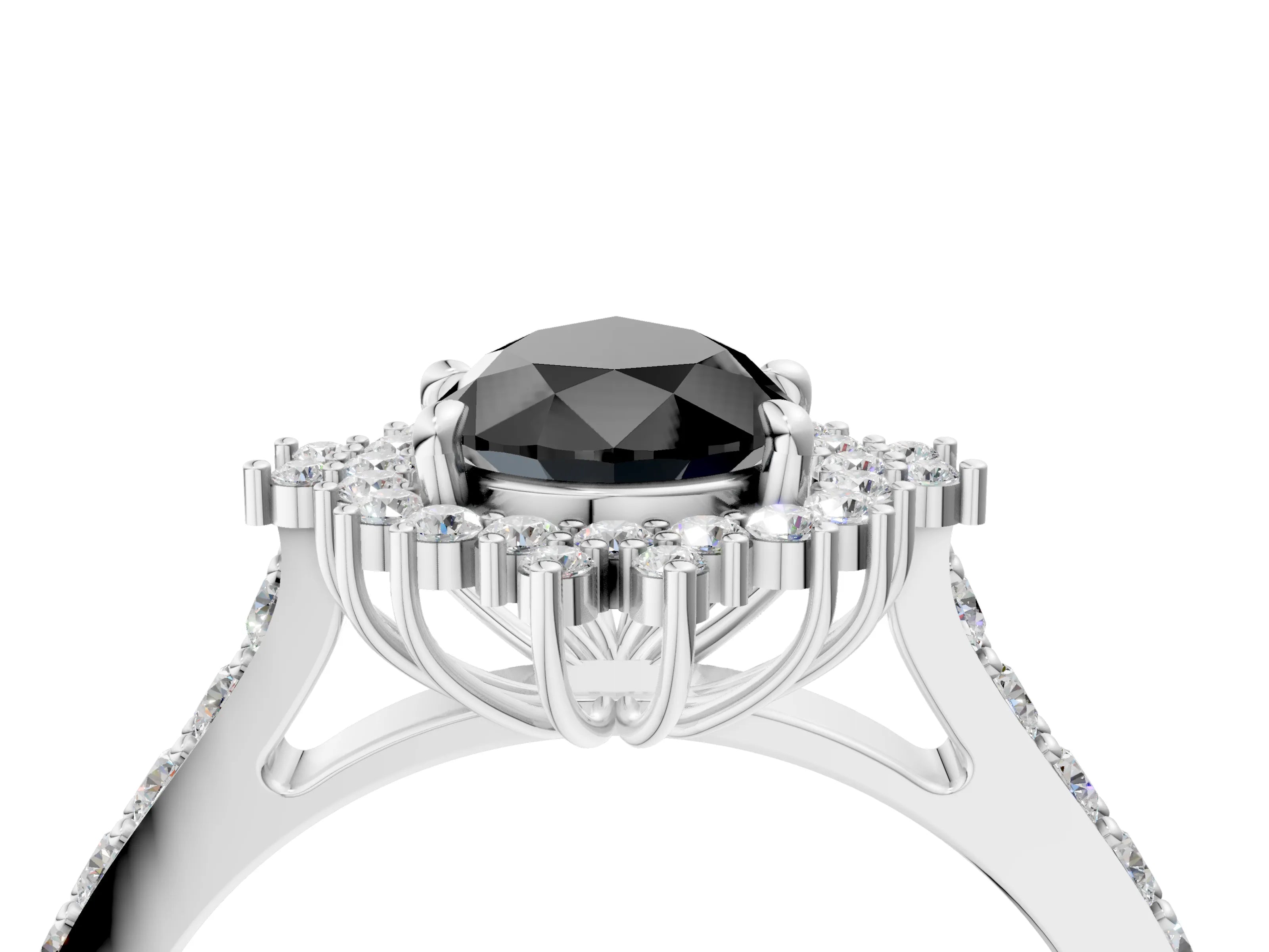 White gold Fancy Black Pear Cut Cut Diamond Sunburst Halo Engagement Ring with Pavé Band_4