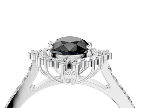 White gold Fancy Black Pear Cut Cut Diamond Sunburst Halo Engagement Ring with Pavé Band_4