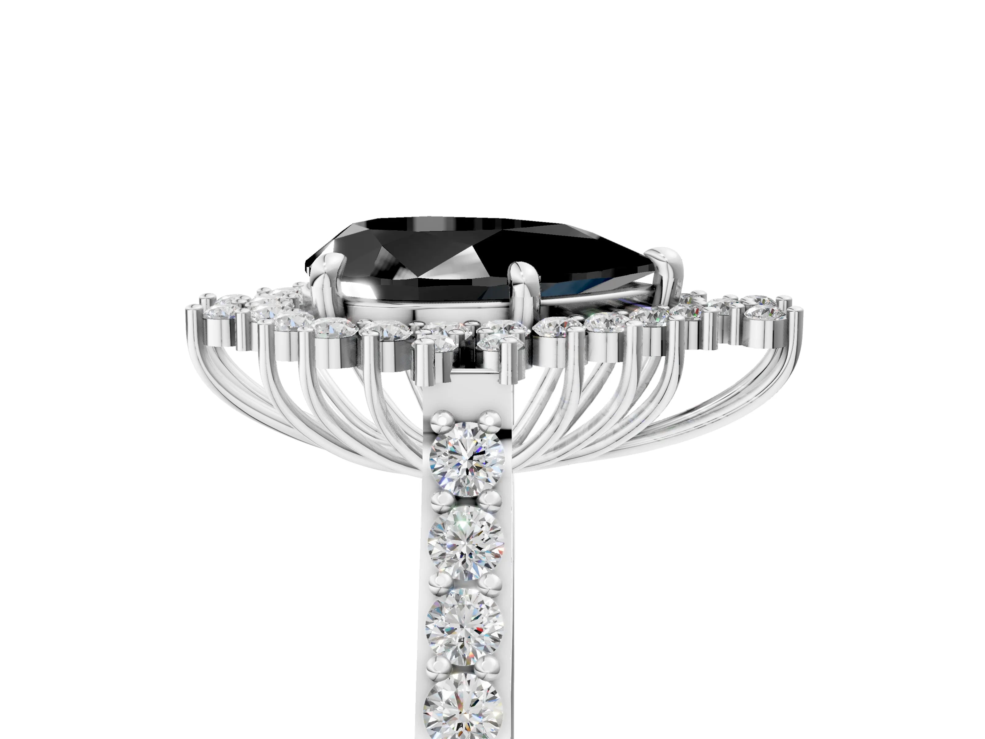 White gold Fancy Black Pear Cut Cut Diamond Sunburst Halo Engagement Ring with Pavé Band_5
