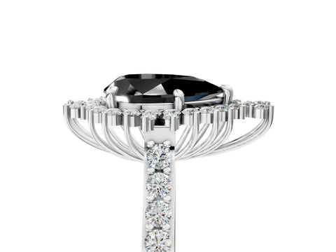White gold Fancy Black Pear Cut Cut Diamond Sunburst Halo Engagement Ring with Pavé Band_5