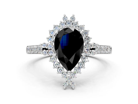 White gold Fancy Black Pear Cut Cut Diamond Sunburst Halo Engagement Ring with Pavé Band