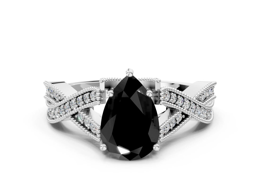White gold Fancy Black Pear Cut Cut Diamond Twisted Band with Milgrain Pave Setting and Four-Prong Setting