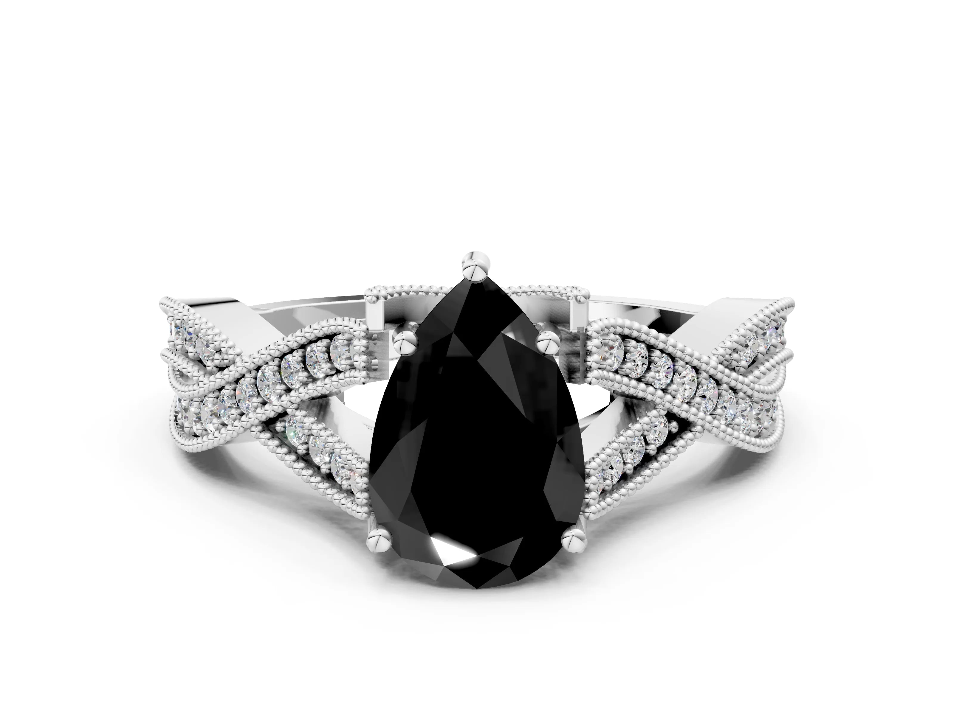 White gold Fancy Black Pear Cut Cut Diamond Twisted Band with Milgrain Pave Setting and Four-Prong Setting_12