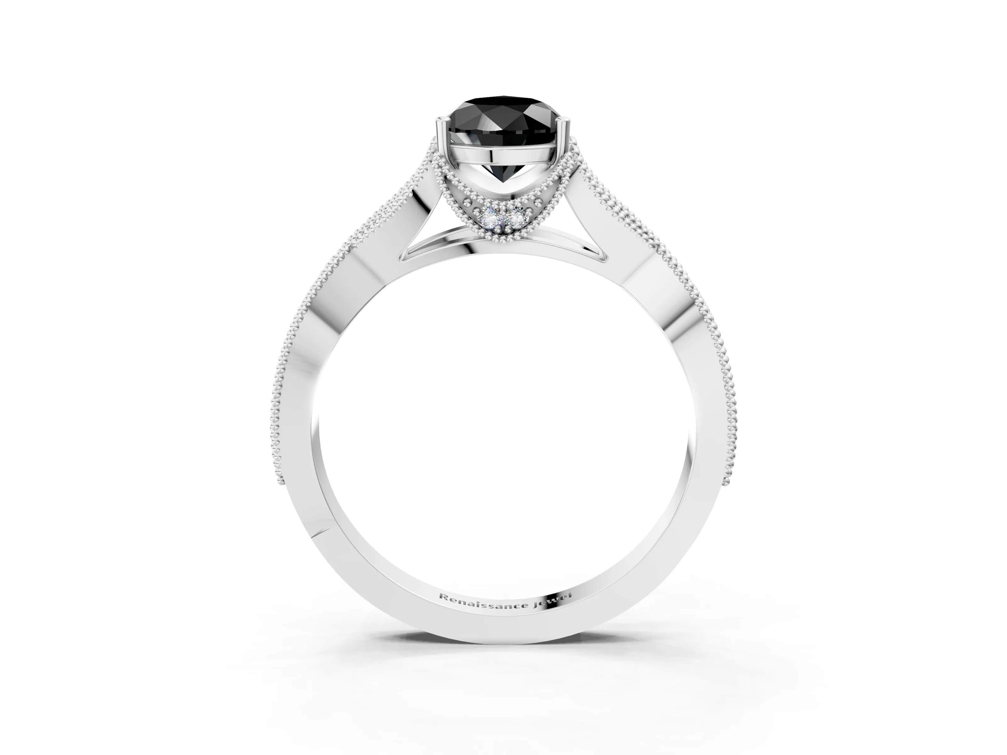 White gold Fancy Black Pear Cut Cut Diamond Twisted Band with Milgrain Pave Setting and Four-Prong Setting_15