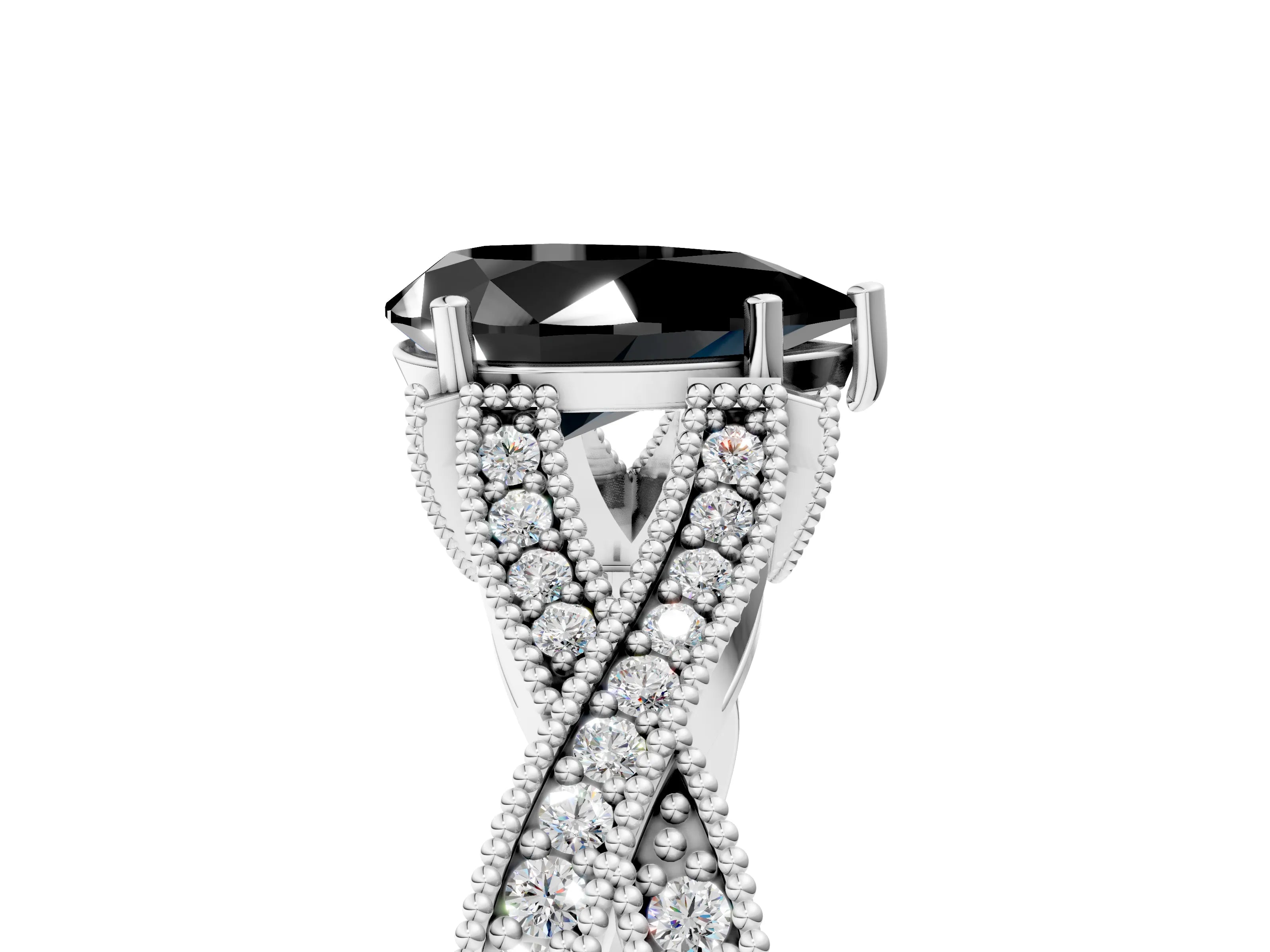 White gold Fancy Black Pear Cut Cut Diamond Twisted Band with Milgrain Pave Setting and Four-Prong Setting_17