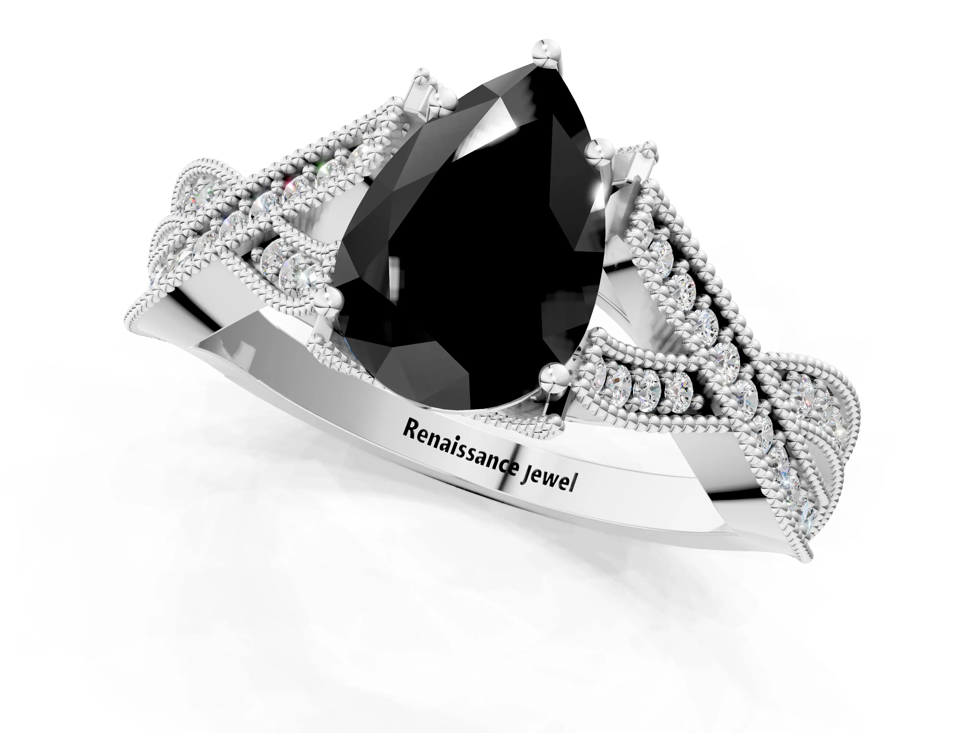 White gold Fancy Black Pear Cut Cut Diamond Twisted Band with Milgrain Pave Setting and Four-Prong Setting_1