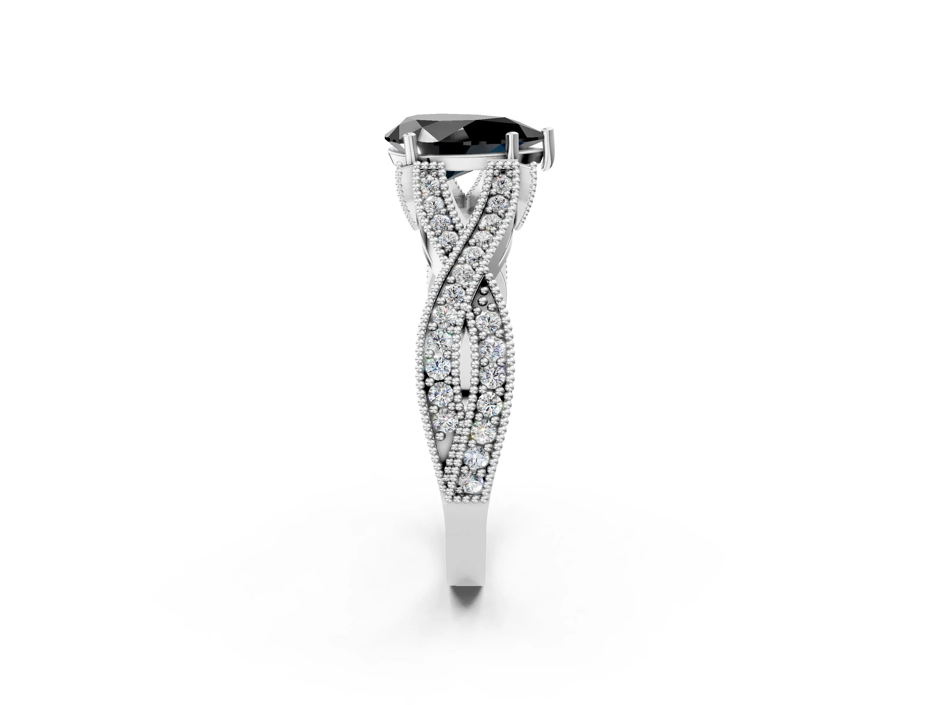 White gold Fancy Black Pear Cut Cut Diamond Twisted Band with Milgrain Pave Setting and Four-Prong Setting_2