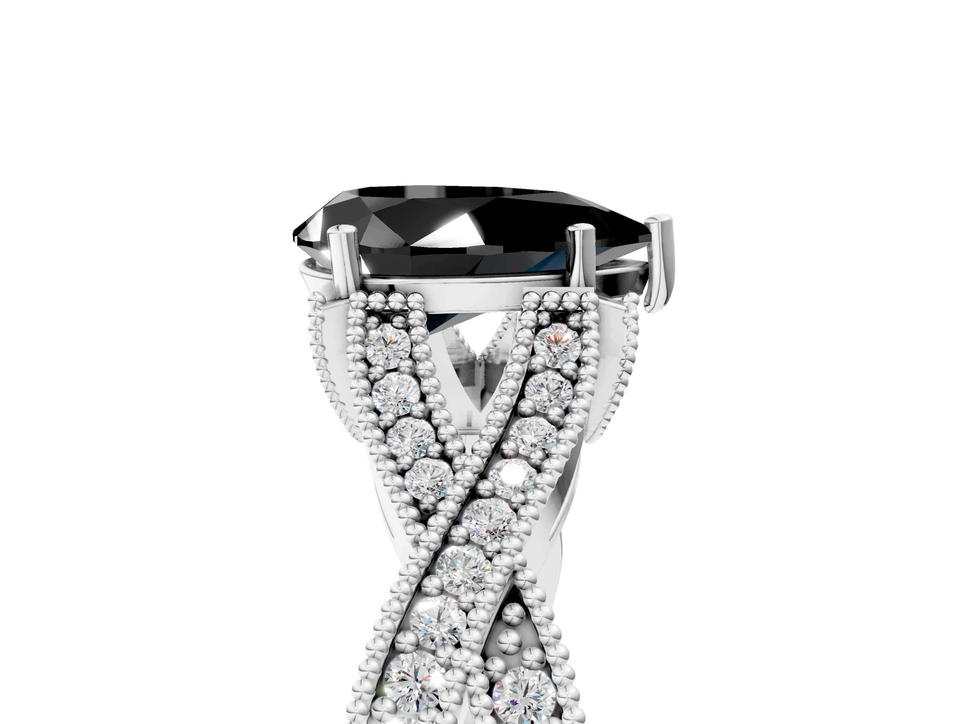 White gold Fancy Black Pear Cut Cut Diamond Twisted Band with Milgrain Pave Setting and Four-Prong Setting_5