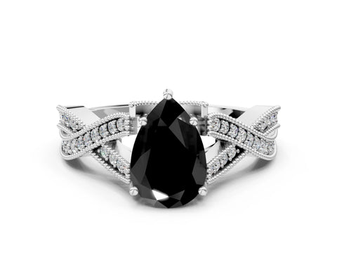 White gold Fancy Black Pear Cut Cut Diamond Twisted Band with Milgrain Pave Setting and Four-Prong Setting