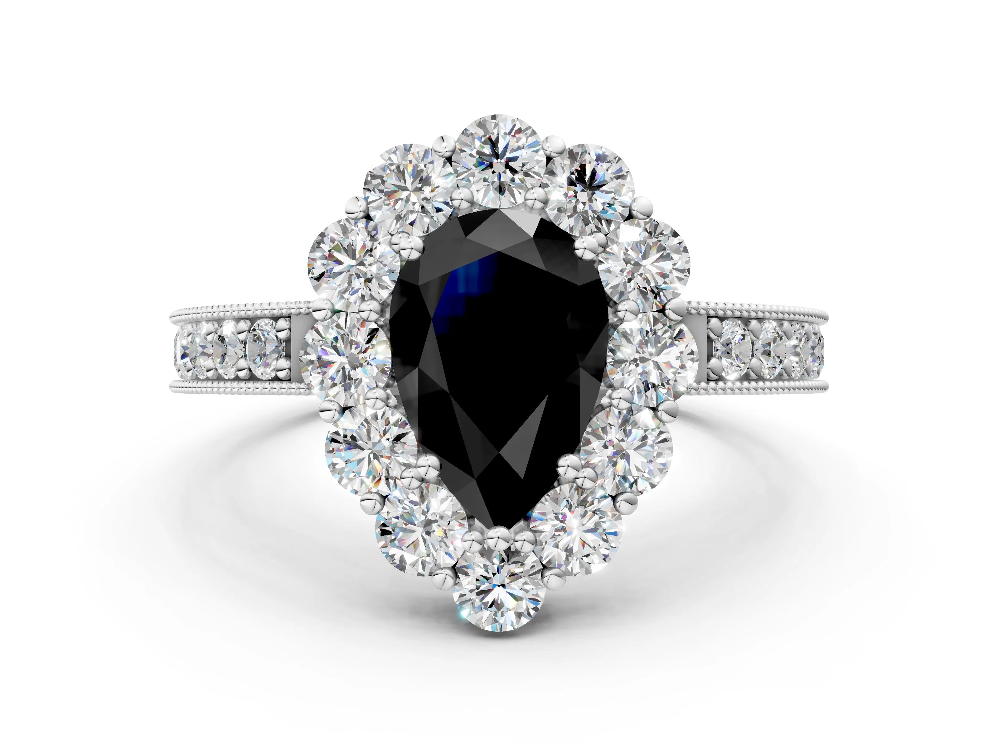 White gold Fancy Black Pear Cut Cut Halo Diamond Pavé Engagement Ring with Milgrain Detailing