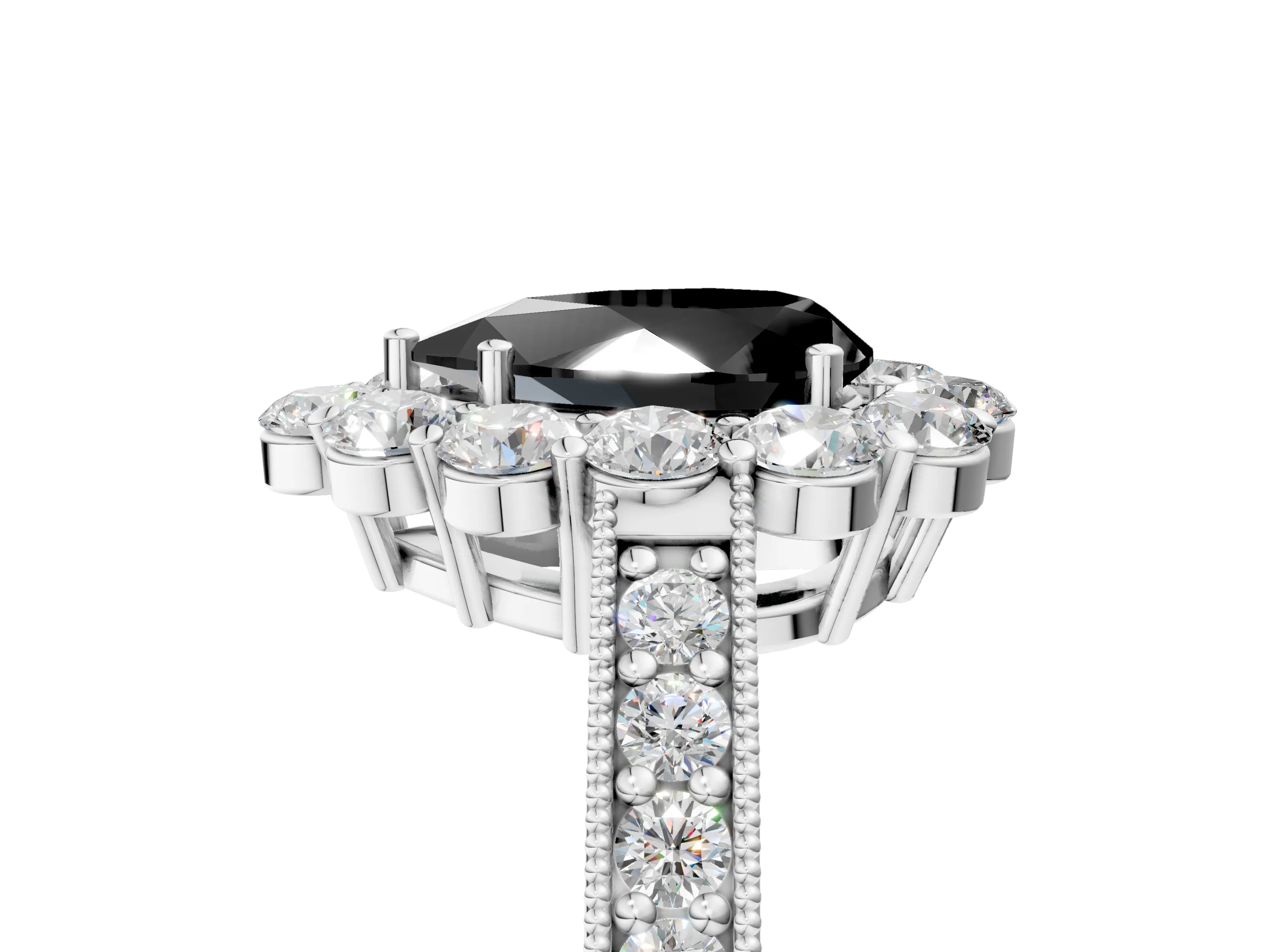 White gold Fancy Black Pear Cut Cut Halo Diamond Pavé Engagement Ring with Milgrain Detailing_11