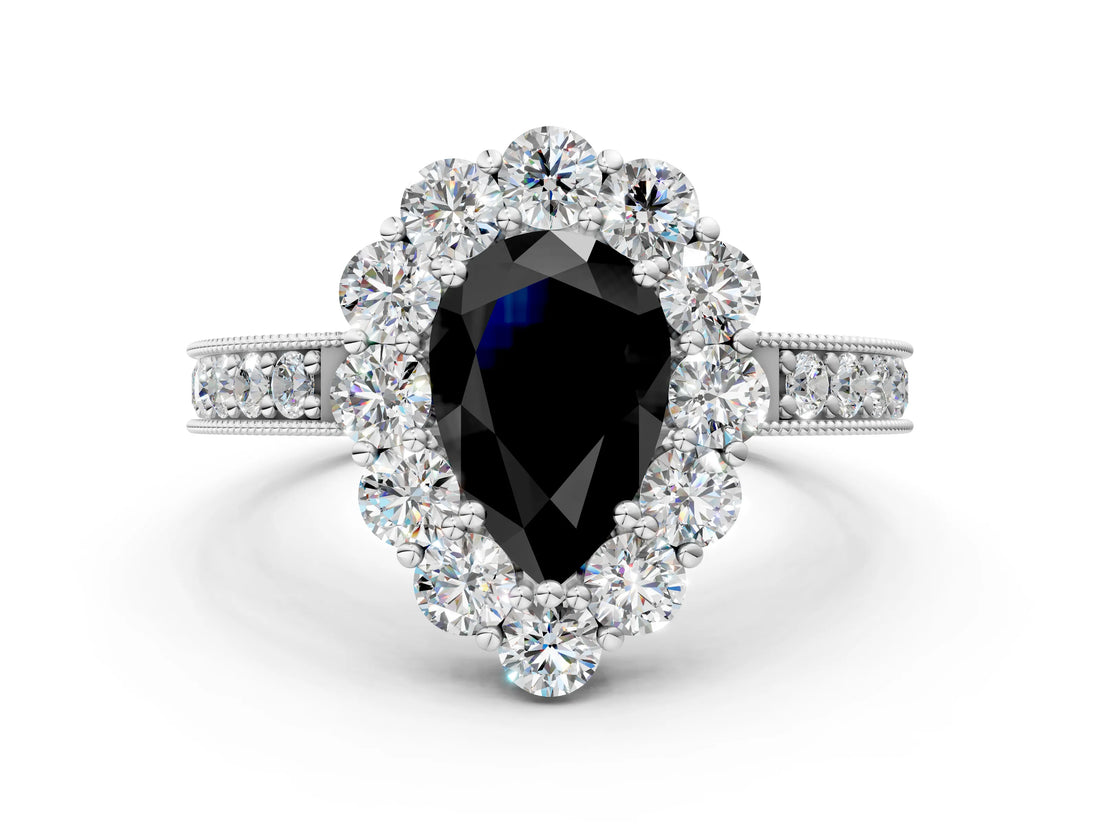 White gold Fancy Black Pear Cut Cut Halo Diamond Pavé Engagement Ring with Milgrain Detailing_19