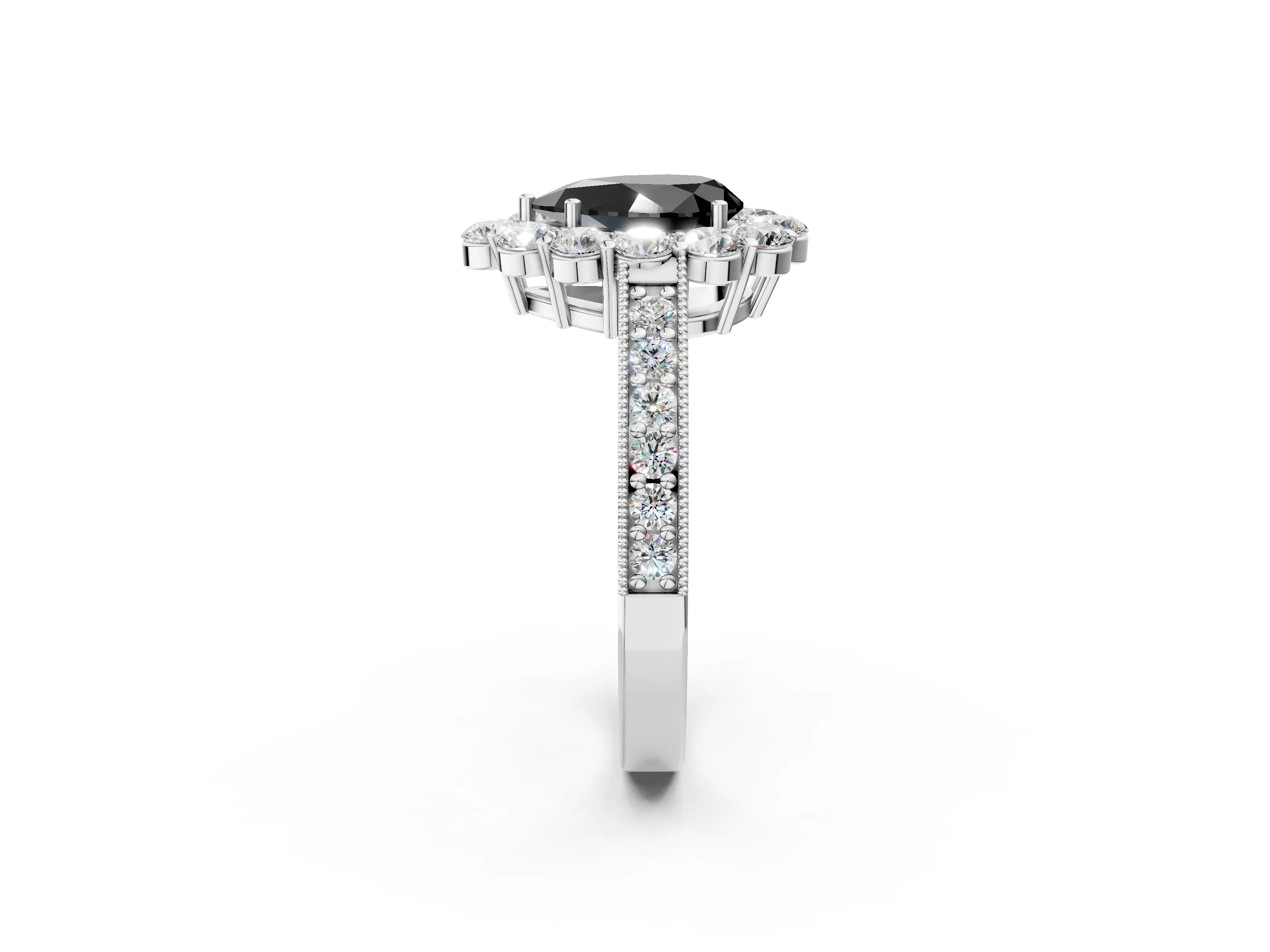 White gold Fancy Black Pear Cut Cut Halo Diamond Pavé Engagement Ring with Milgrain Detailing_2