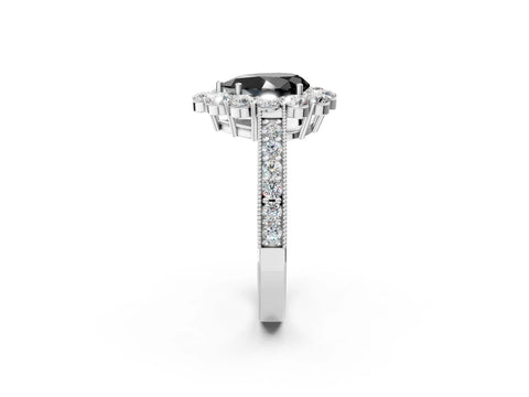 White gold Fancy Black Pear Cut Cut Halo Diamond Pavé Engagement Ring with Milgrain Detailing_2