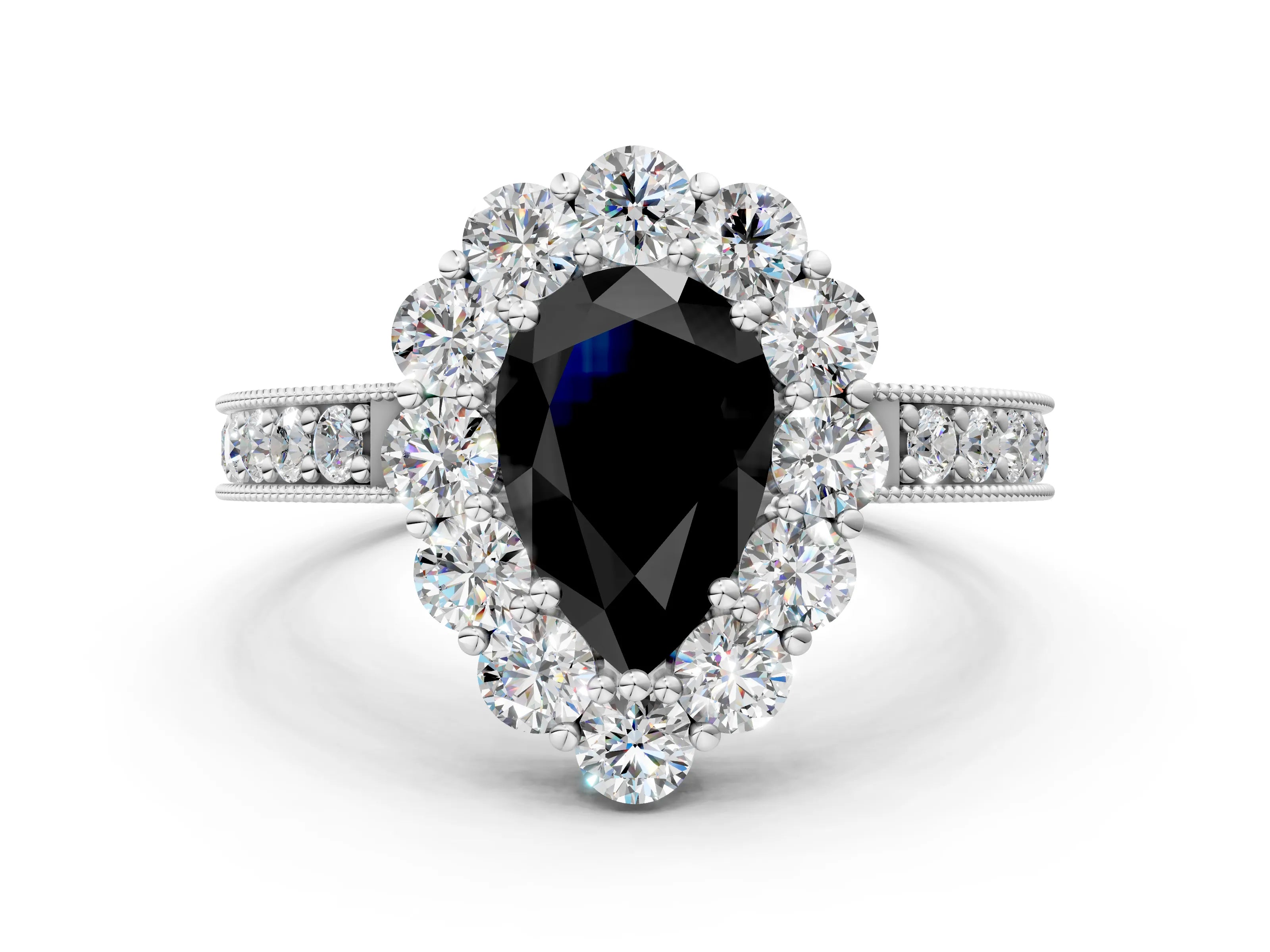 White gold Fancy Black Pear Cut Cut Halo Diamond Pavé Engagement Ring with Milgrain Detailing_31