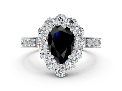 White gold Fancy Black Pear Cut Cut Halo Diamond Pavé Engagement Ring with Milgrain Detailing_31