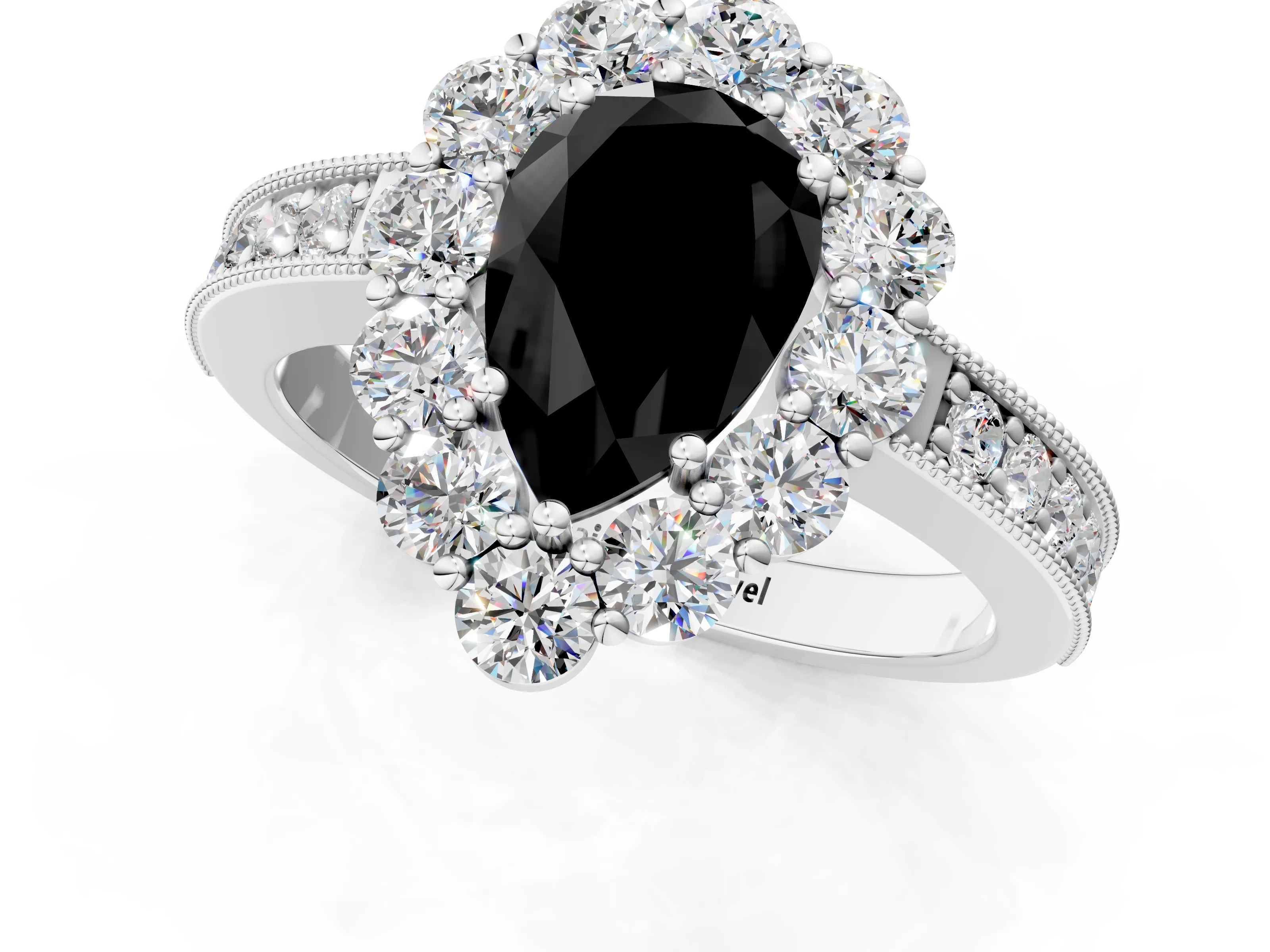 White gold Fancy Black Pear Cut Cut Halo Diamond Pavé Engagement Ring with Milgrain Detailing_32