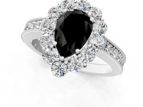 White gold Fancy Black Pear Cut Cut Halo Diamond Pavé Engagement Ring with Milgrain Detailing_32