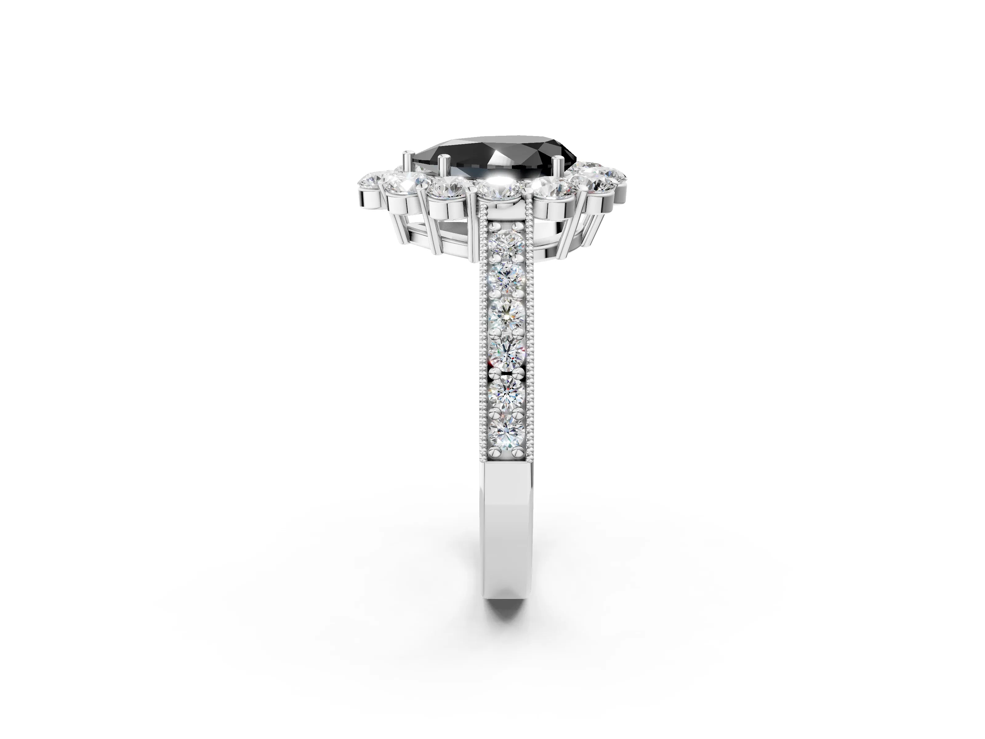 White gold Fancy Black Pear Cut Cut Halo Diamond Pavé Engagement Ring with Milgrain Detailing_33