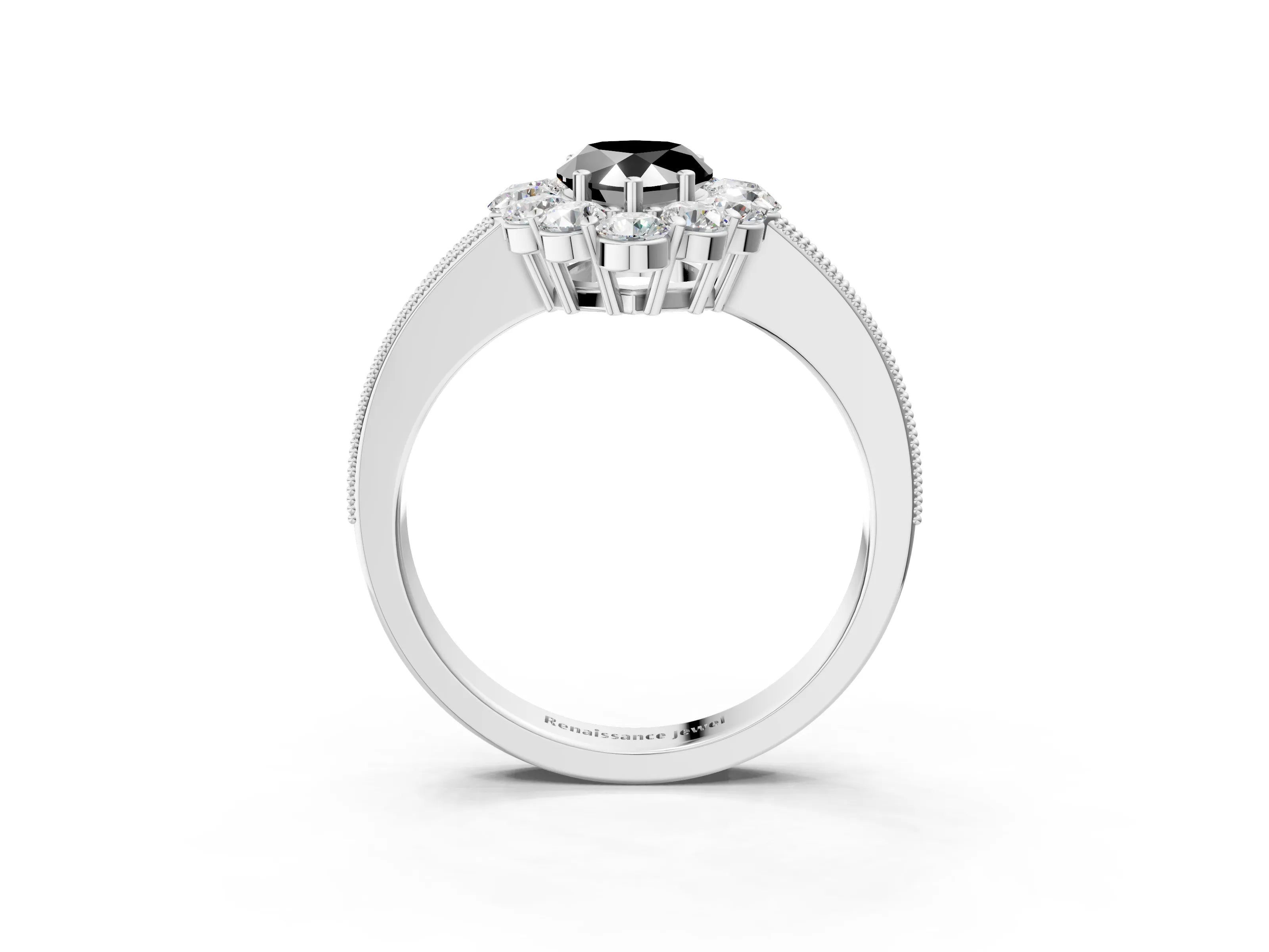 White gold Fancy Black Pear Cut Cut Halo Diamond Pavé Engagement Ring with Milgrain Detailing_34