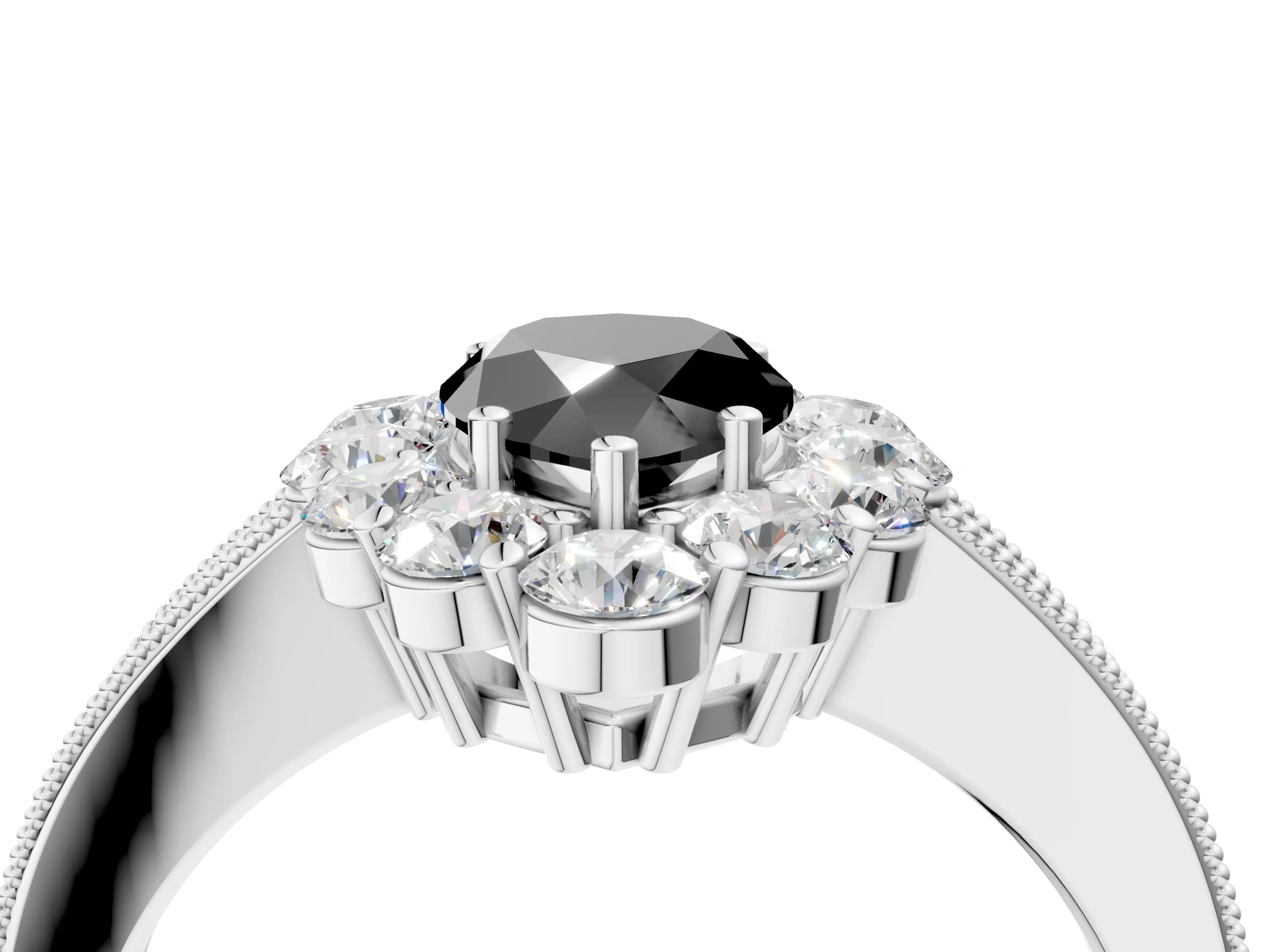 White gold Fancy Black Pear Cut Cut Halo Diamond Pavé Engagement Ring with Milgrain Detailing_35