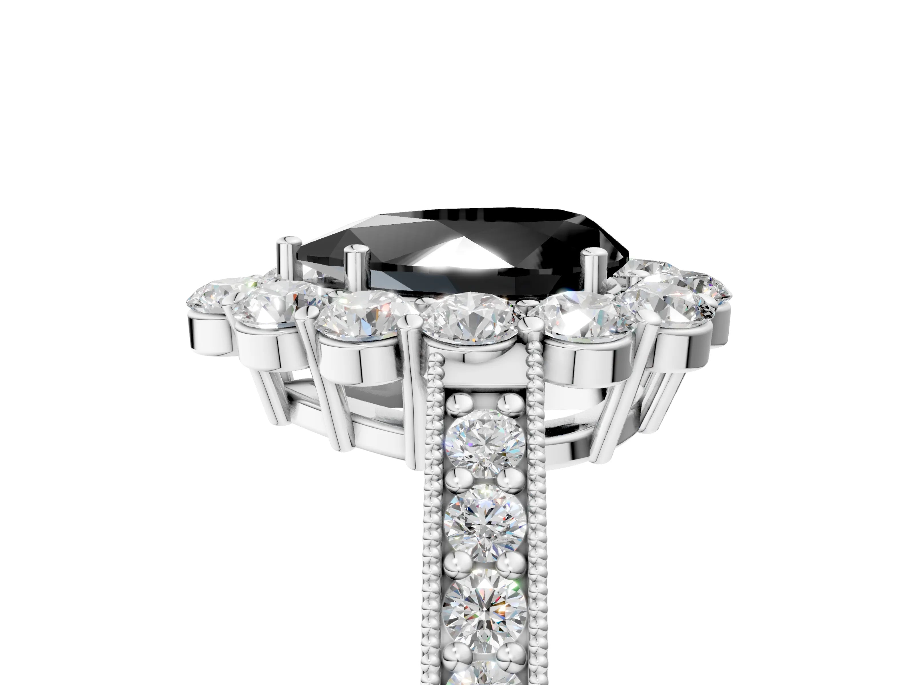 White gold Fancy Black Pear Cut Cut Halo Diamond Pavé Engagement Ring with Milgrain Detailing_36