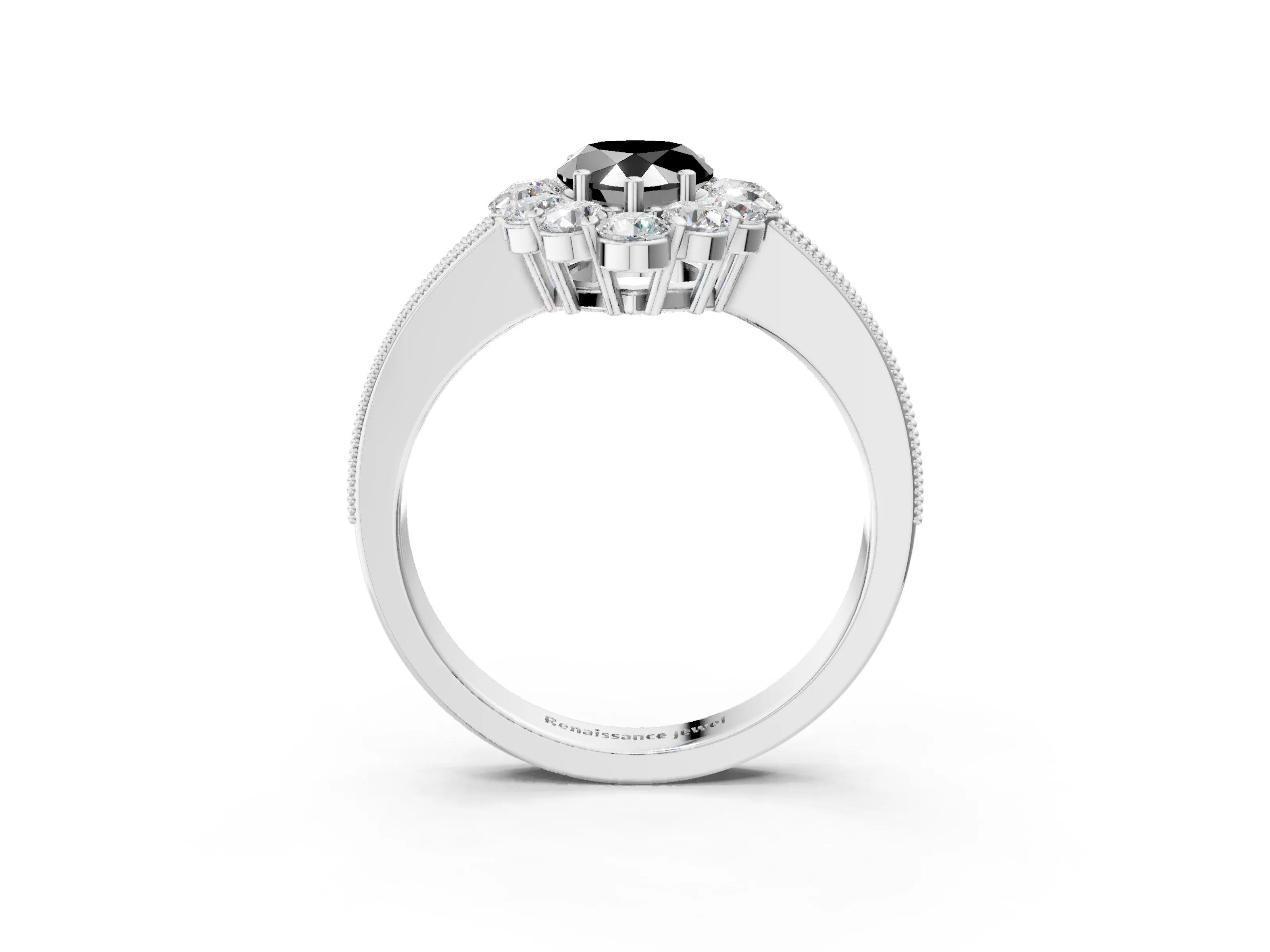White gold Fancy Black Pear Cut Cut Halo Diamond Pavé Engagement Ring with Milgrain Detailing_3