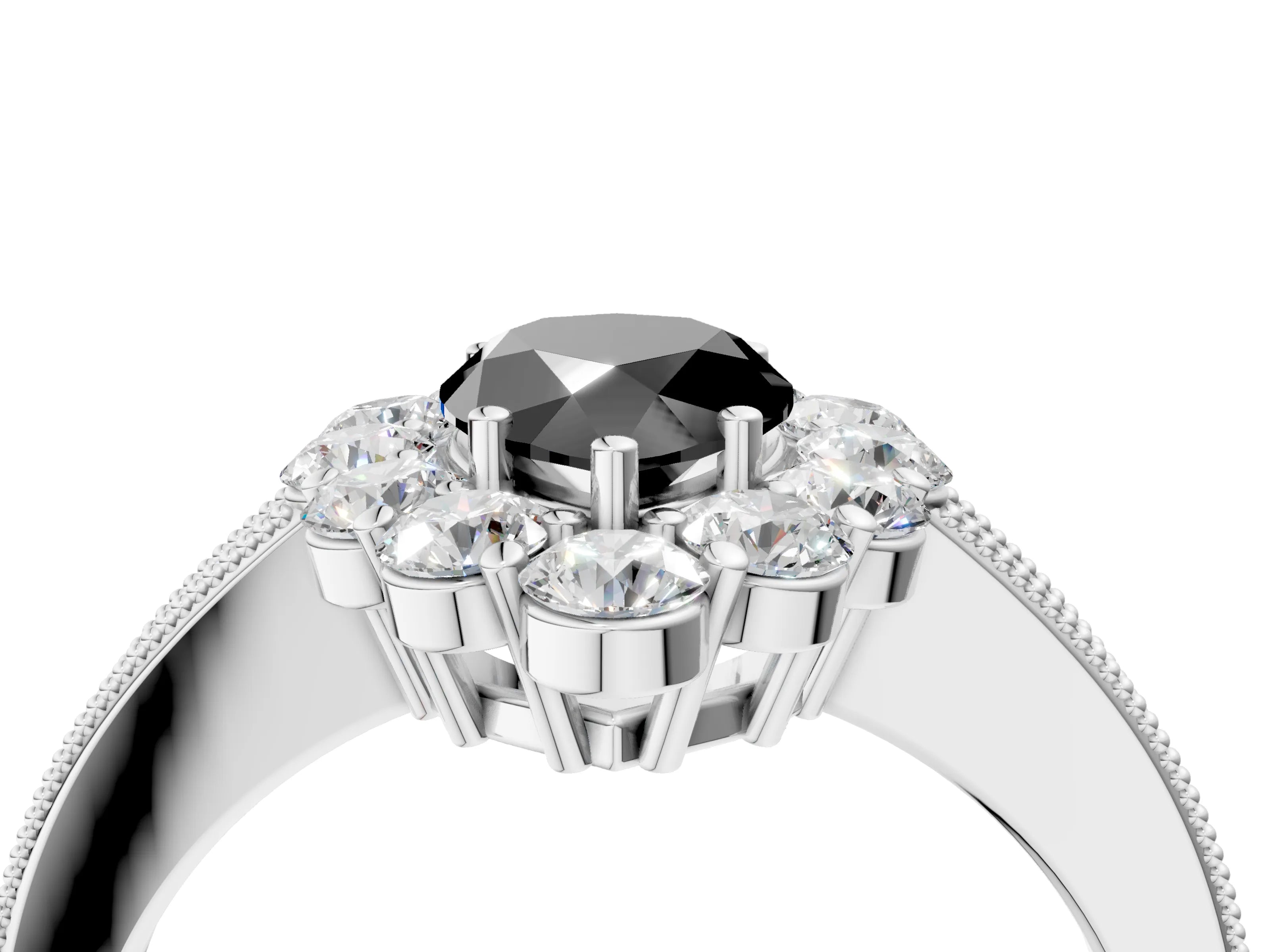 White gold Fancy Black Pear Cut Cut Halo Diamond Pavé Engagement Ring with Milgrain Detailing_4