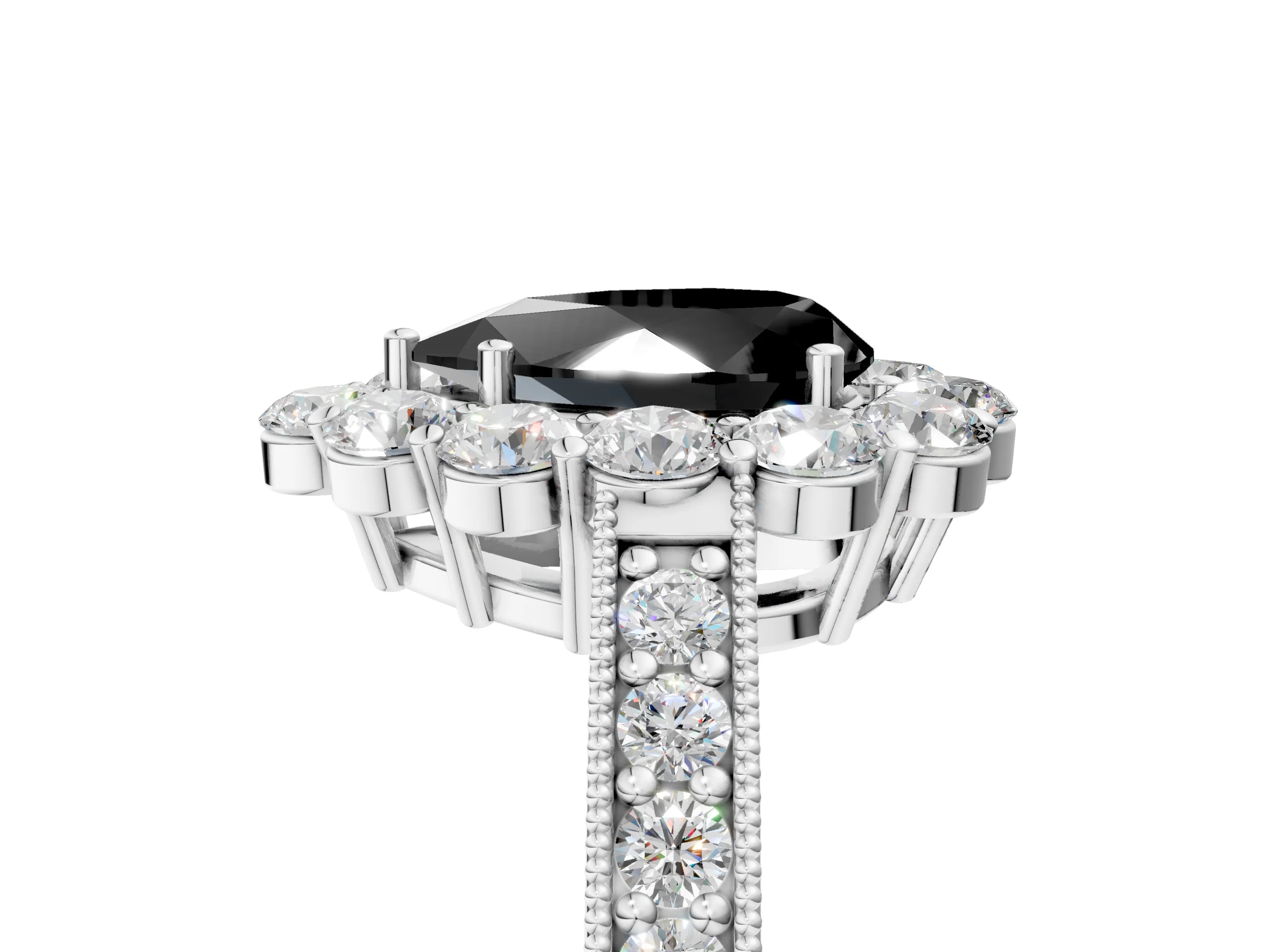 White gold Fancy Black Pear Cut Cut Halo Diamond Pavé Engagement Ring with Milgrain Detailing_5