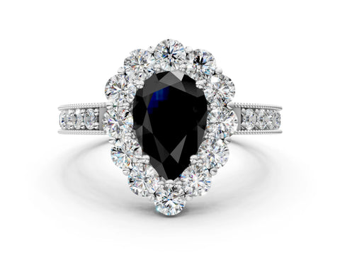 White gold Fancy Black Pear Cut Cut Halo Diamond Pavé Engagement Ring with Milgrain Detailing_6