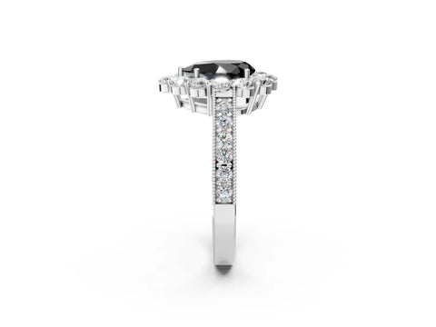 White gold Fancy Black Pear Cut Cut Halo Diamond Pavé Engagement Ring with Milgrain Detailing_8