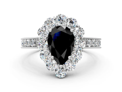 White gold Fancy Black Pear Cut Cut Halo Diamond Pavé Engagement Ring with Milgrain Detailing