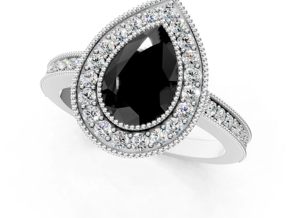 White Gold Pear-Shaped Double Milgrain Halo Engagement Ring Setting for Black Center
