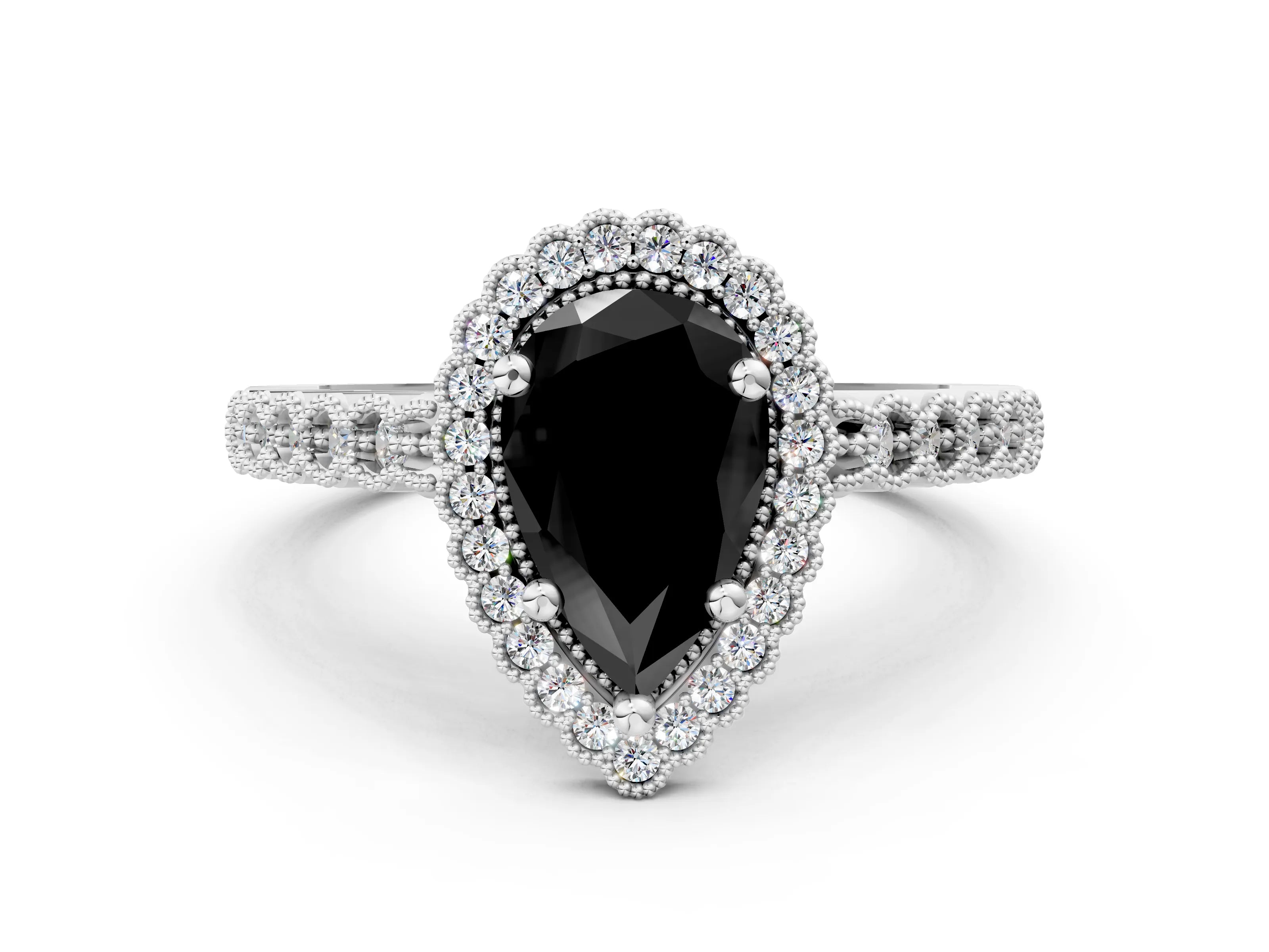 White gold Fancy Black Pear Cut Cut Halo Pavé Solitaire Ring with Milgrain Band_12