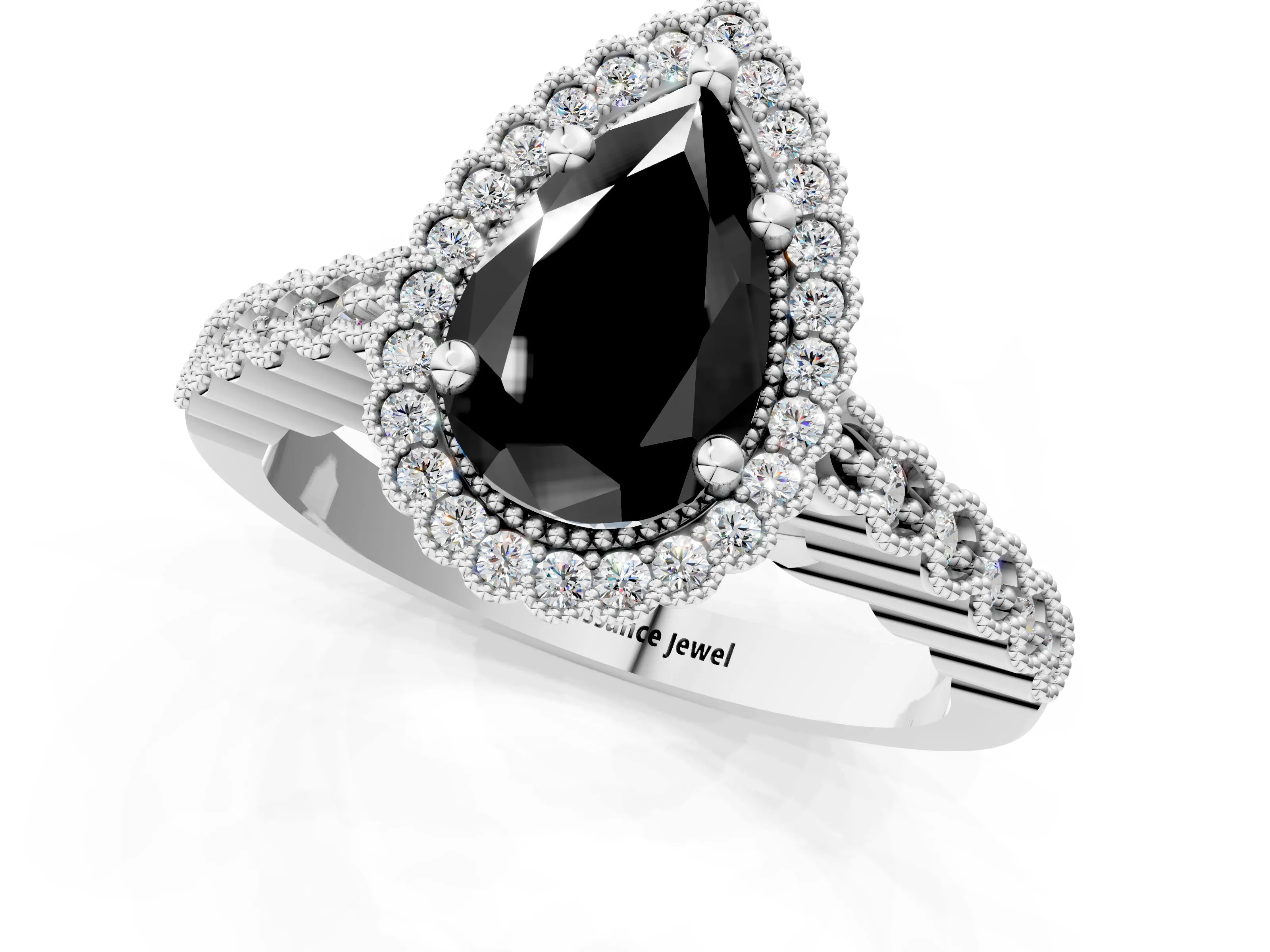 White gold Fancy Black Pear Cut Cut Halo Pavé Solitaire Ring with Milgrain Band_13