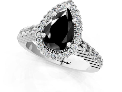 White gold Fancy Black Pear Cut Cut Halo Pavé Solitaire Ring with Milgrain Band_13