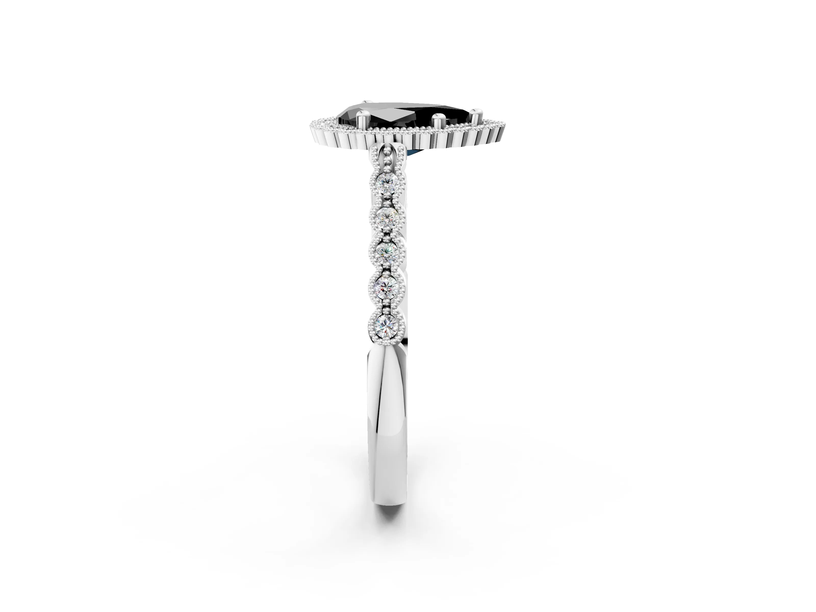 White gold Fancy Black Pear Cut Cut Halo Pavé Solitaire Ring with Milgrain Band_14