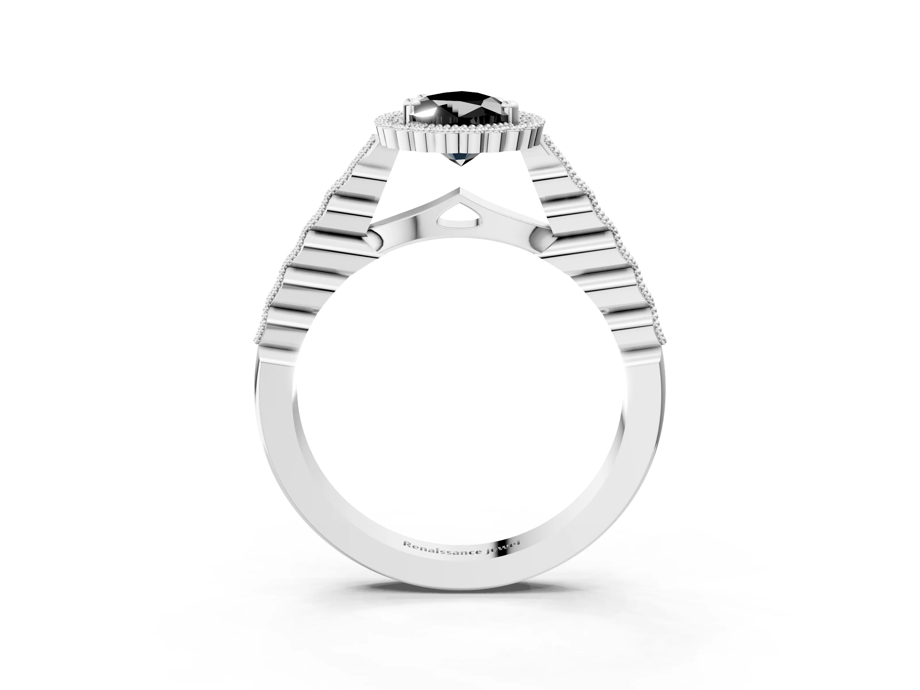 White gold Fancy Black Pear Cut Cut Halo Pavé Solitaire Ring with Milgrain Band_15