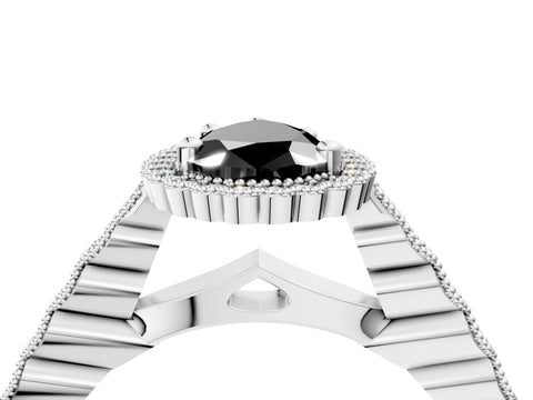 White gold Fancy Black Pear Cut Cut Halo Pavé Solitaire Ring with Milgrain Band_16