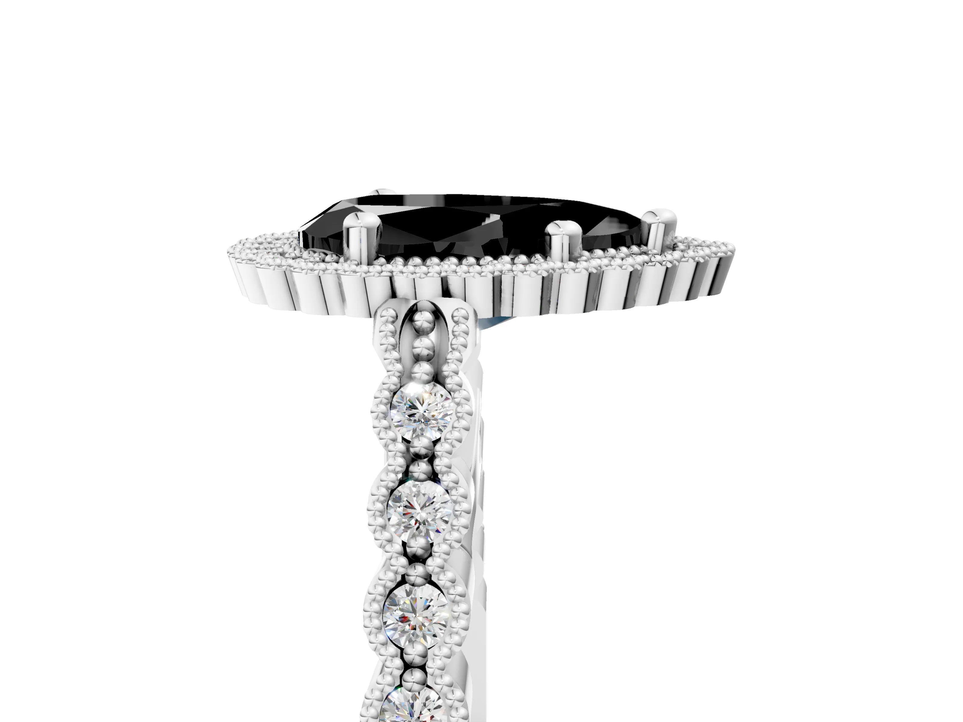 White gold Fancy Black Pear Cut Cut Halo Pavé Solitaire Ring with Milgrain Band_17