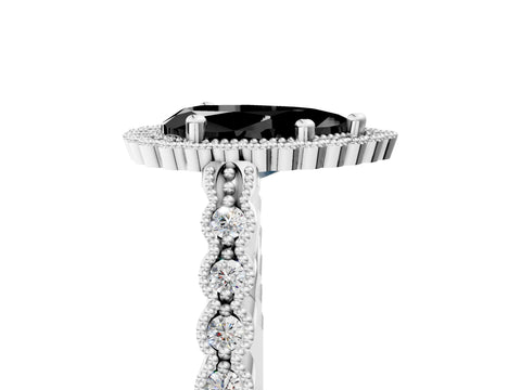 White gold Fancy Black Pear Cut Cut Halo Pavé Solitaire Ring with Milgrain Band_17