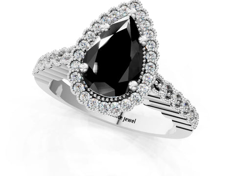 White gold Fancy Black Pear Cut Cut Halo Pavé Solitaire Ring with Milgrain Band_1