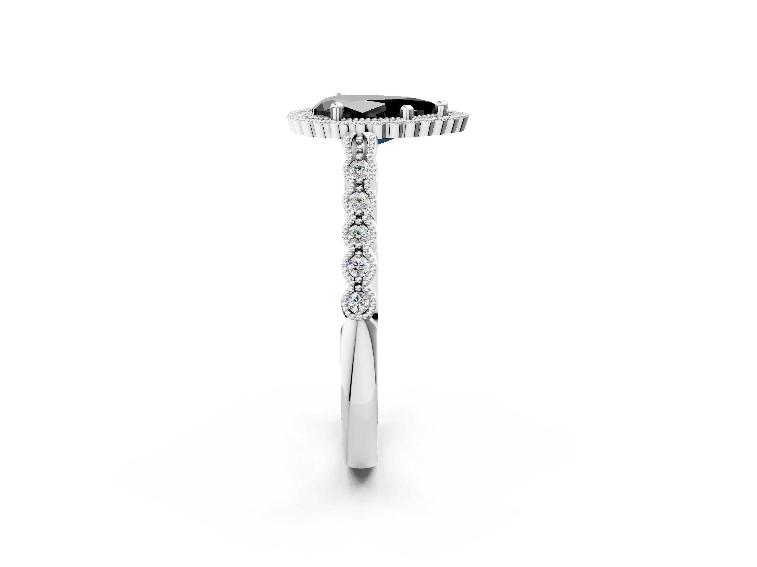 White gold Fancy Black Pear Cut Cut Halo Pavé Solitaire Ring with Milgrain Band_2