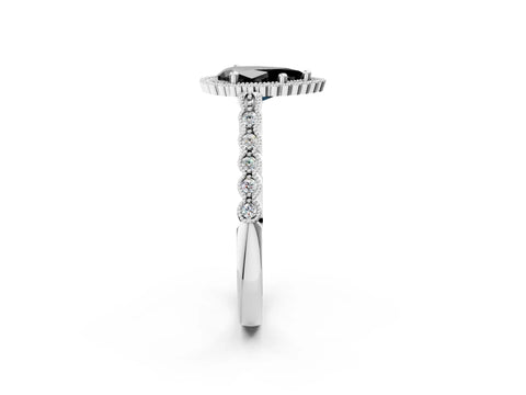 White gold Fancy Black Pear Cut Cut Halo Pavé Solitaire Ring with Milgrain Band_2