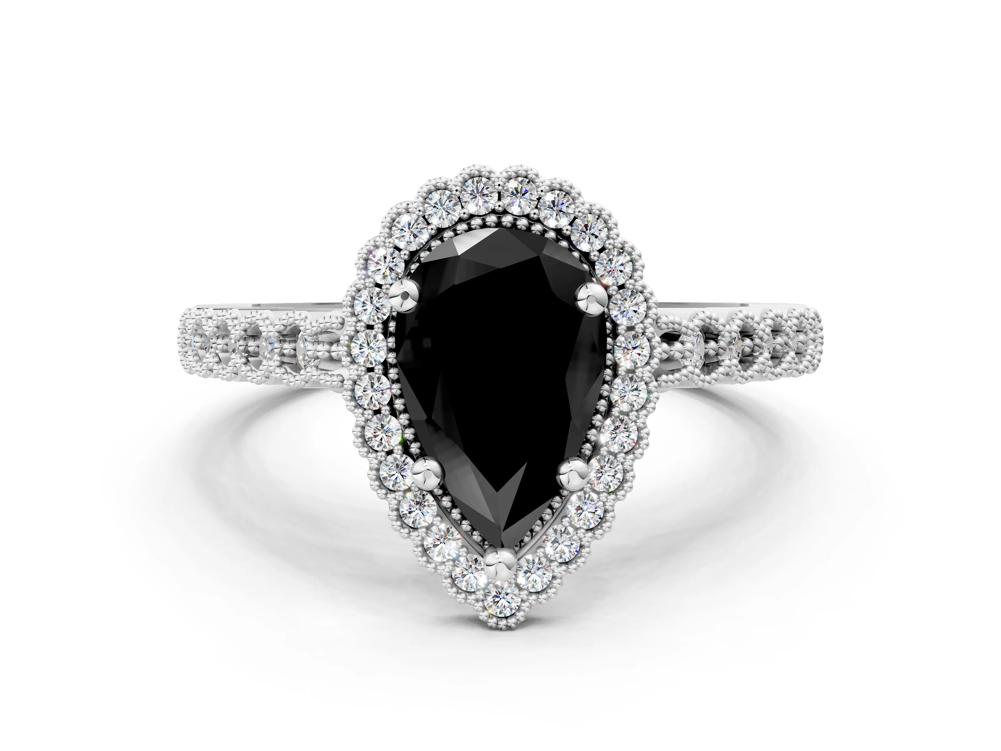 White gold Fancy Black Pear Cut Cut Halo Pavé Solitaire Ring with Milgrain Band