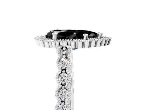 White gold Fancy Black Pear Cut Cut Halo Pavé Solitaire Ring with Milgrain Band_5