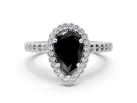 White gold Fancy Black Pear Cut Cut Halo Pavé Solitaire Ring with Milgrain Band