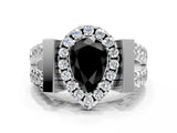 White gold Fancy Black Pear Cut Cut Halo Split Shank Prong Set Ring